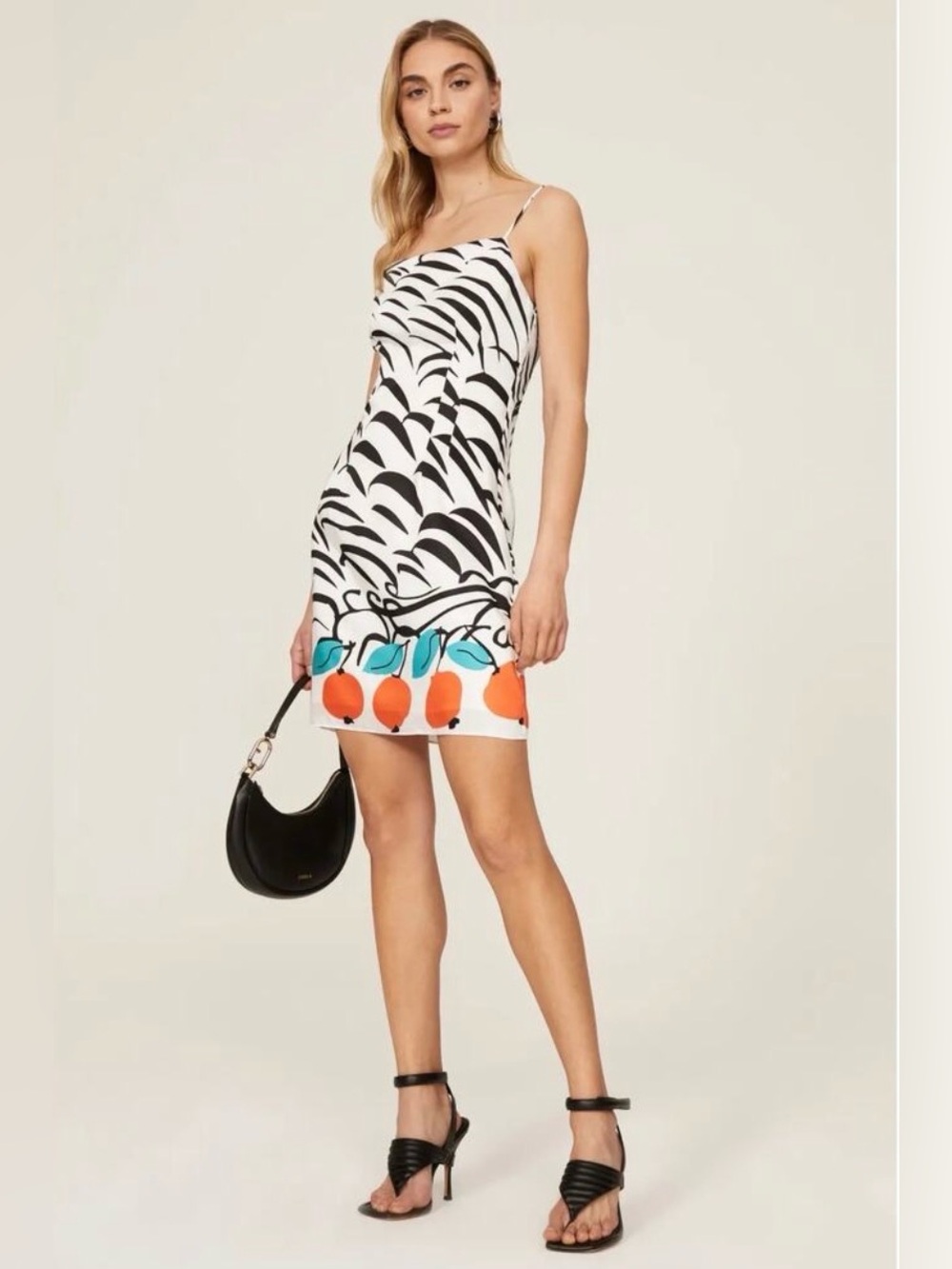STAUD White Mini Slip Dress with Black Abstract Print and Orange Trim